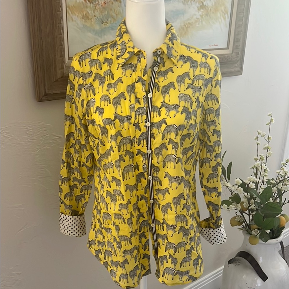 Talbots Yellow Black White Stripe, Polka Dot & Zebra 100% Cotton Button Down - S